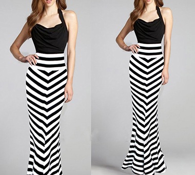 Μαύρο και άσπρο ελαστική μακριά ριγέ φούστα