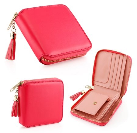 Γυναικείο μίνι πορτοφόλι από σκούρο ροζ δέρμα