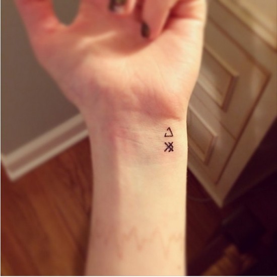 Pienet kolmion geometriset tatuoinnit ranteessa