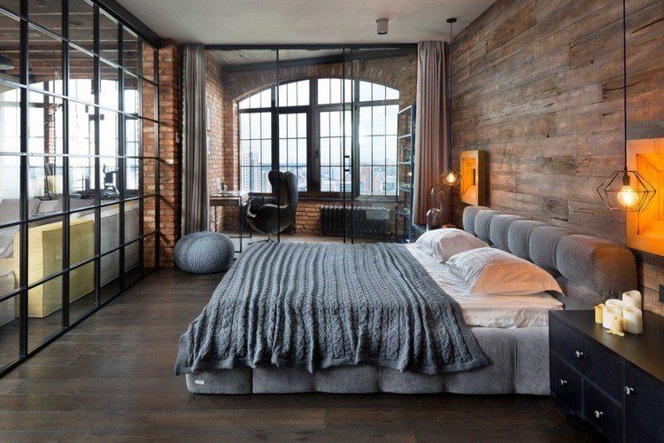 Inredningsstilar 2016 trender-sovrum-retro-industriell-grå-stoppad säng-trä golv-väggbeklädnad