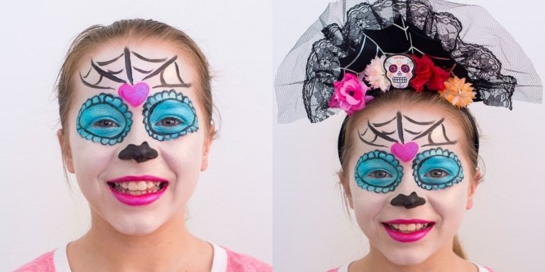 Skalle make-up barns instruktioner Hjärta och spindelnät måla söt smink idé för tjejer