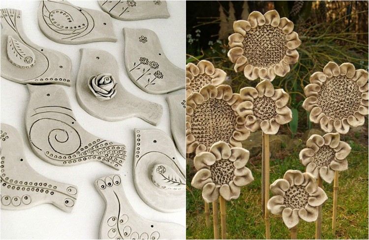 keramik-idéer-trädgård-keramik-fåglar-tinker-trädgård-plugg-solrosor
