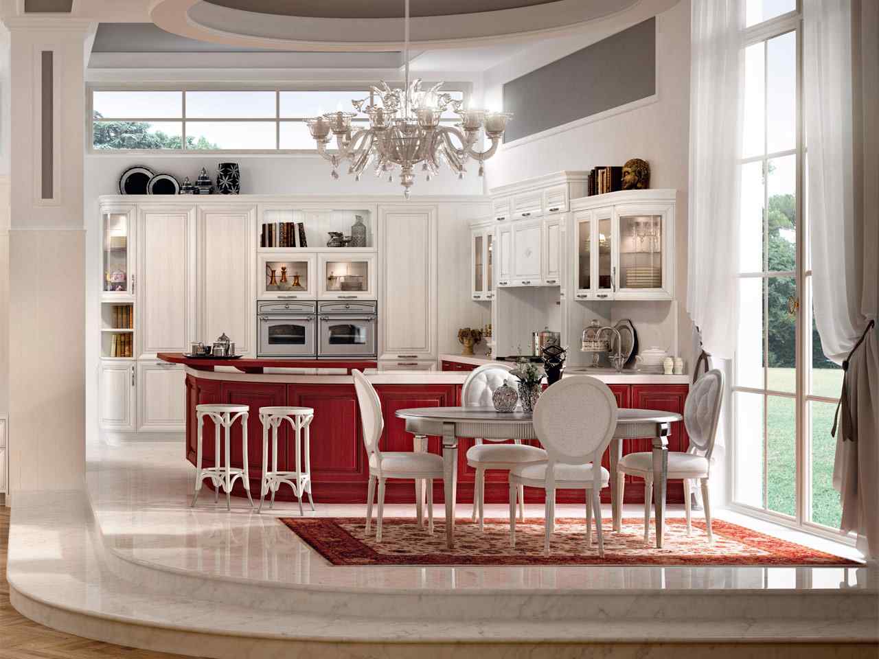lyxigt kök-rött vitt-marmorgolv lyxig högglansig ytdesign