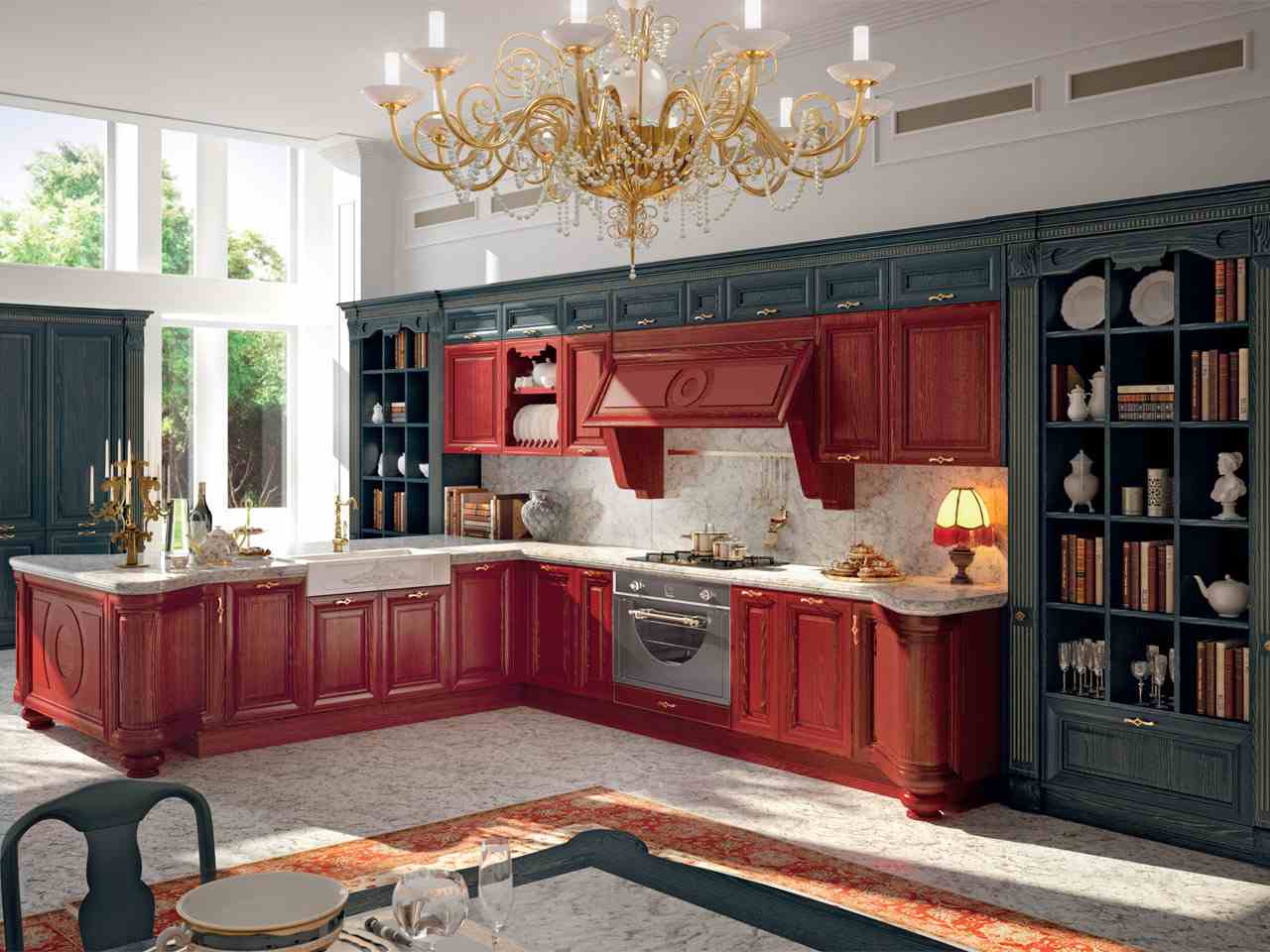 köksfärger svart-röda klassiska väggenheter-hyllsystem-hörnelement