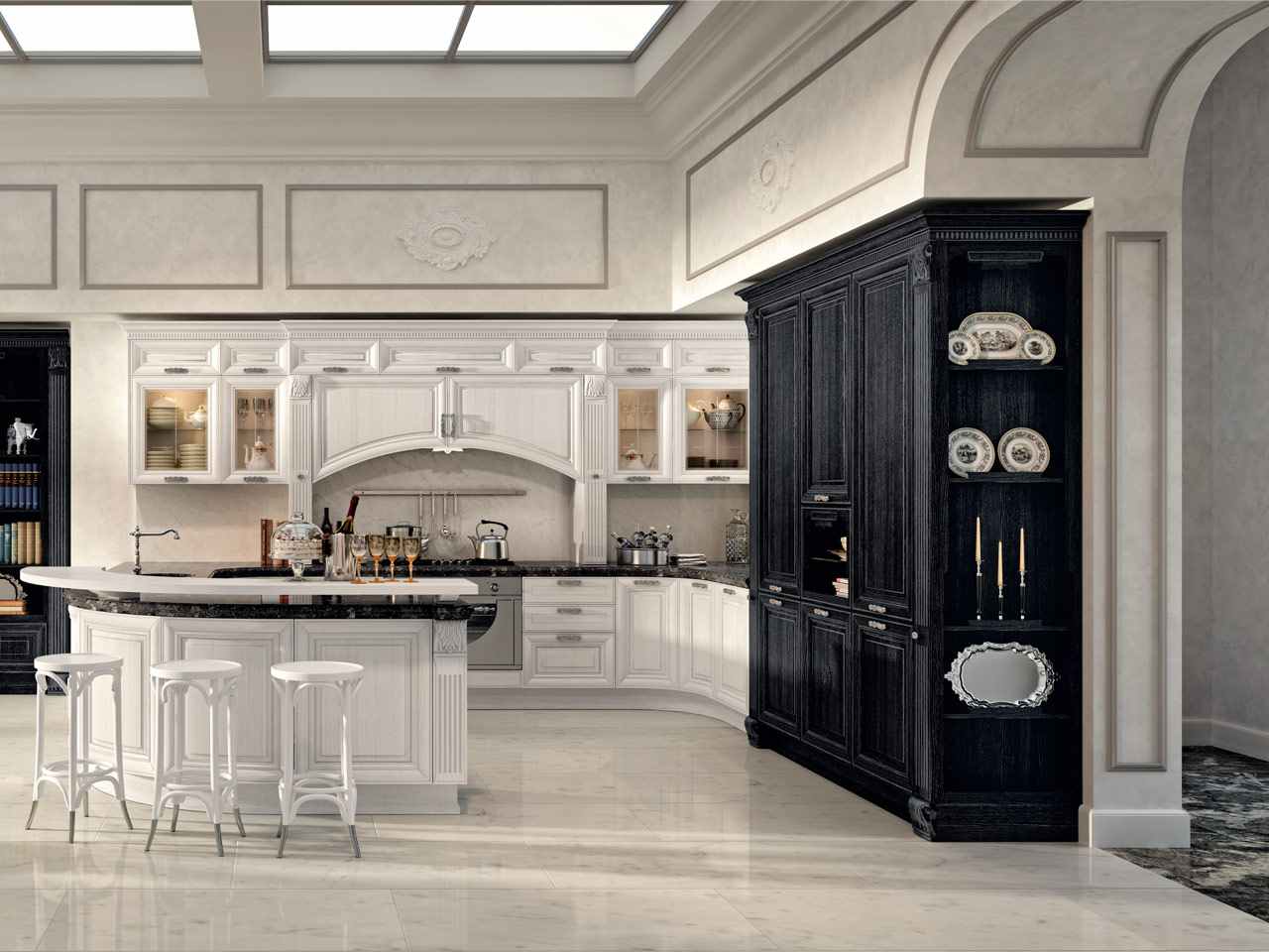 lyxig lägenhetinredning färgschema svartvitt kök bardisk marmorplattor