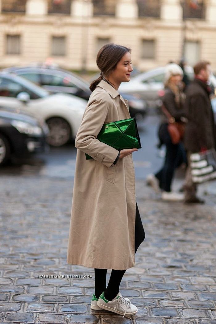 Turn-down krage-kvinnor-trench-coat-metallic-blank-clutch-grön