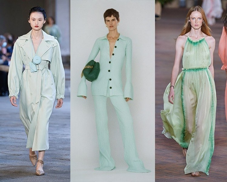 Trendfärger vårsommar 2021 mintgrön kombinera pastellgrön outfit