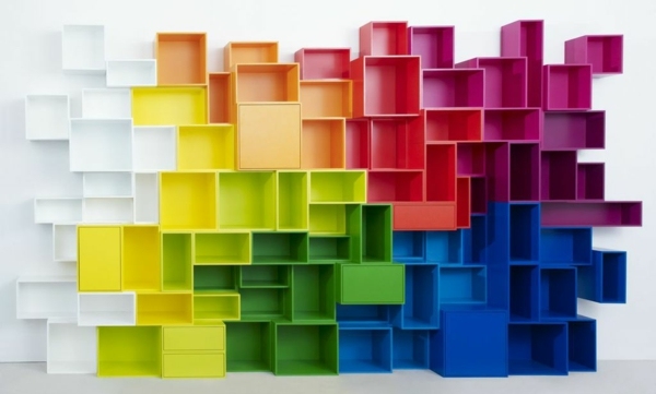 färgglada bokhyllor gör-det-själv möbler konfigurationer dekoration idé