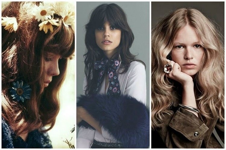 trendiga-frisyrer-sjuttiotalet-hippier-tid-hår blommor-mitten avsked-ponnyer-lager frisyr