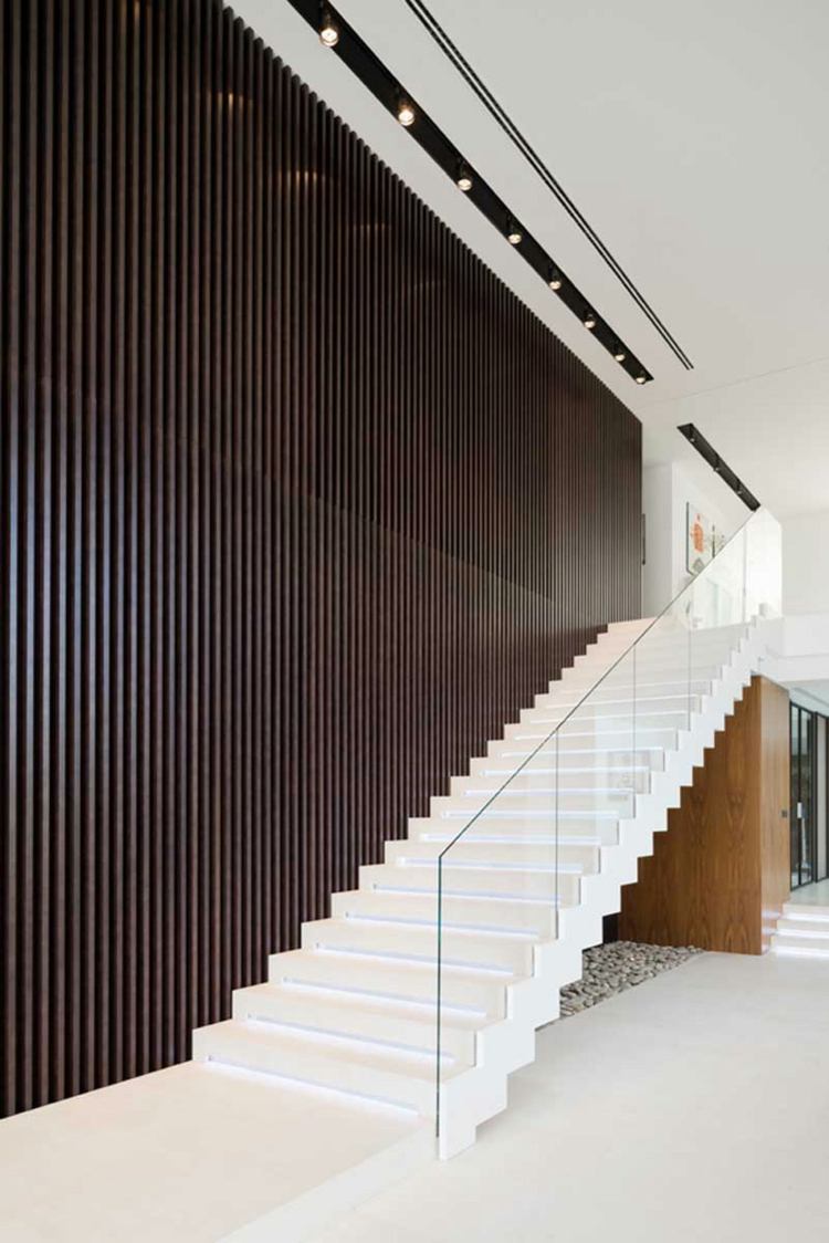 trappor i minimalistisk stil räcke glas trä remsor väggbeklädnad