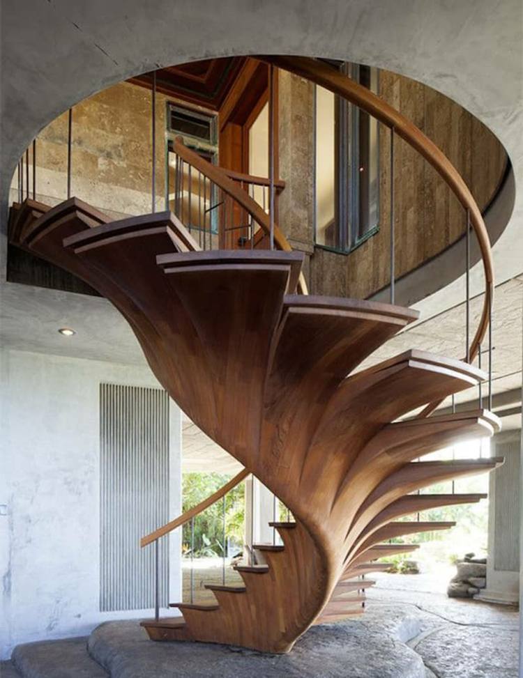trappor klädda trä-spiraltrappa-sten golv-räcke-trä-stål-trädgård-glas front