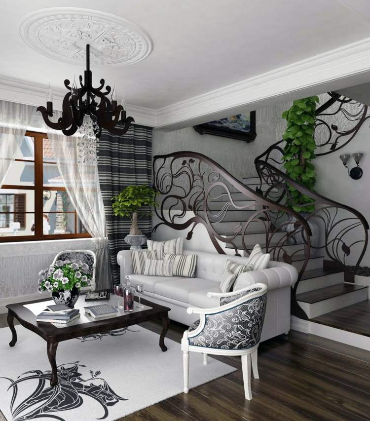 trappor-dressing-vardagsrum-räcke-trä-parkett-svart-vit-soffa-soffbord-vas-ljuskrona