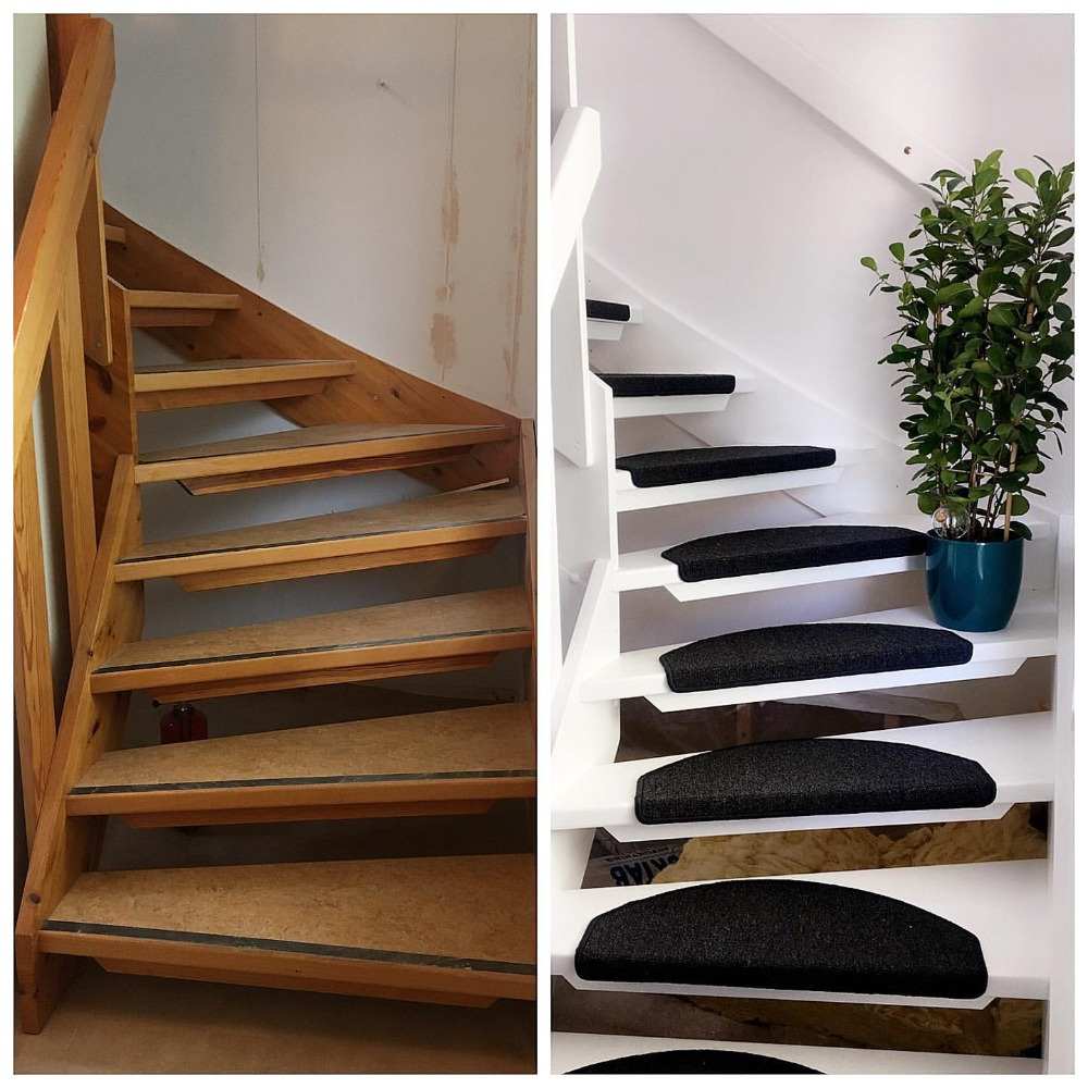 DIY -trappor renoverar gamla trätrappor för att göra nya vita trappor med svarta golvmattor