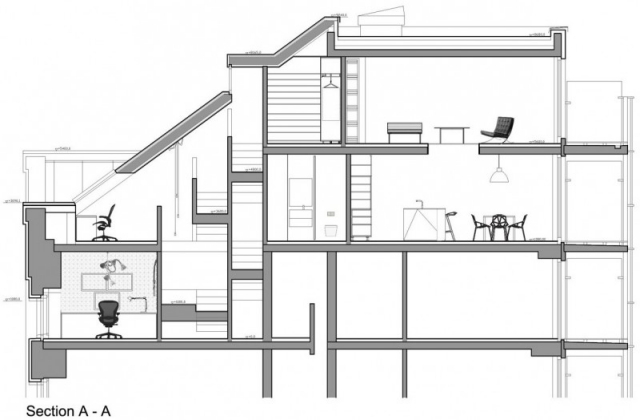 cornlofts triplex lägenhet prag b2 arkitekter planerar tvärsnitt