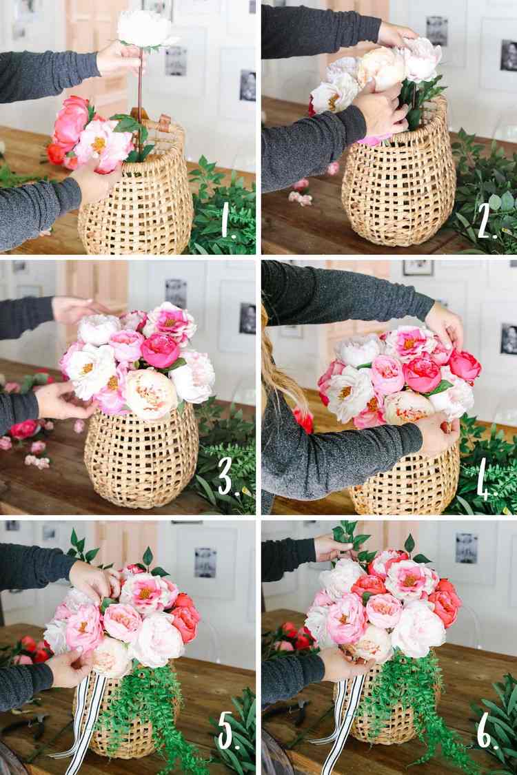 Instruktioner för en blomkorg med pioner som dörrkrans