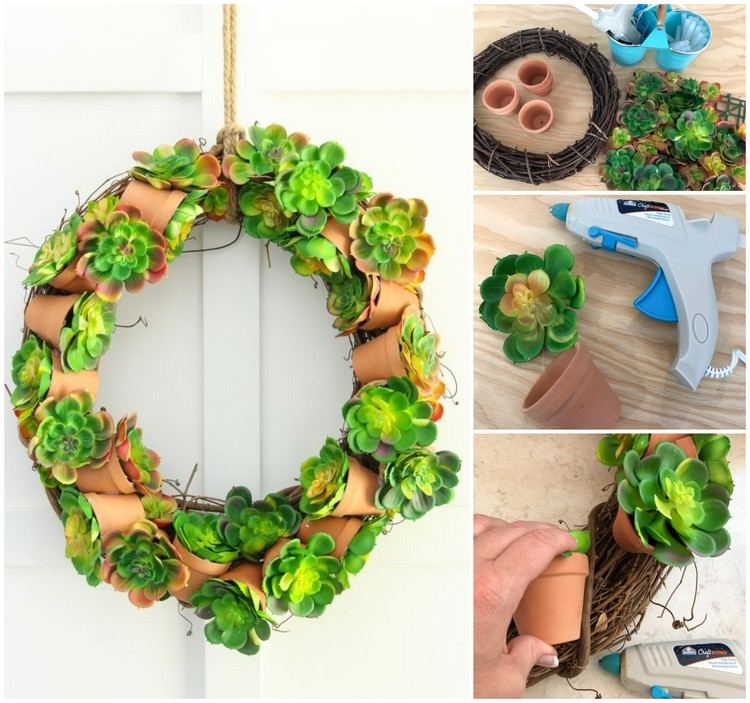 Gör en dörrkrans för sommaren av konstgjorda succulenter i minikrukor