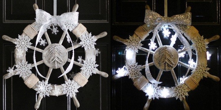 dörr-krans-jul-tinker-idéer-skepp-roder-vit-snöflinga-dekoration