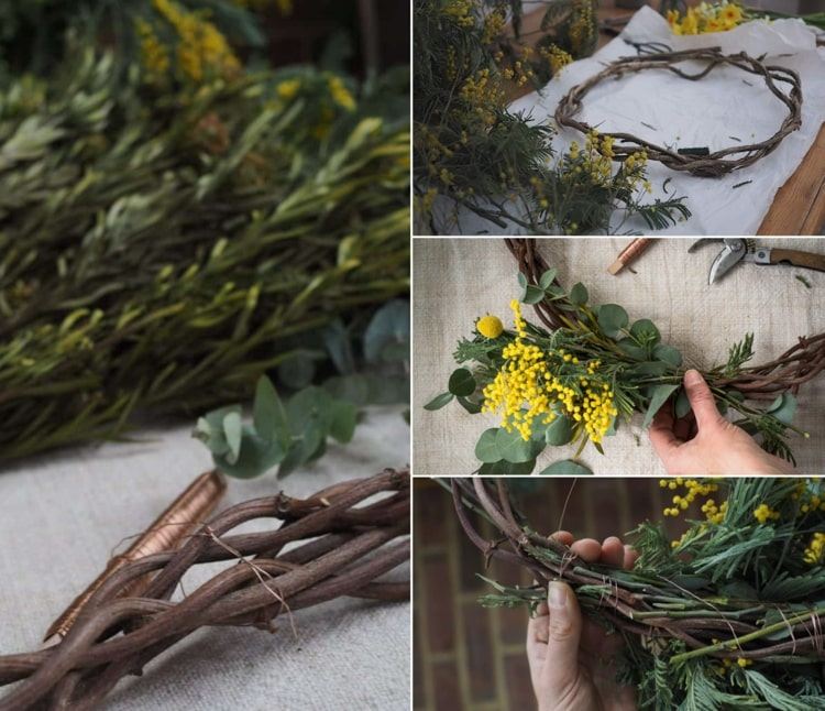 Gör dörrkransar för våren av naturmaterial - knyt buketter av craspedia, eukalyptus och mimosa