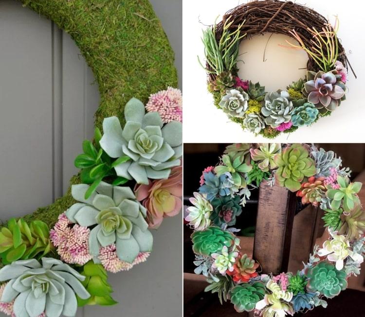 Vårdörrkransar av naturmaterial - kombinera succulenter i pastellfärger och mossa