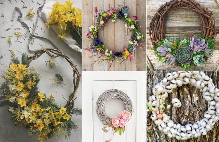 Vårdörrkransar av naturmaterial med och utan vårblommor