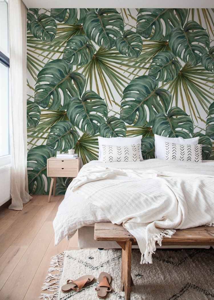 tropiska blad tapet palm och monstera för sovrummet