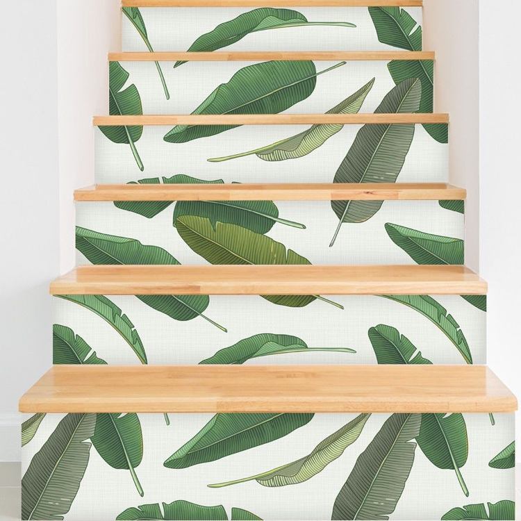 gröna blad tapeter som dekorationsidé för trappor