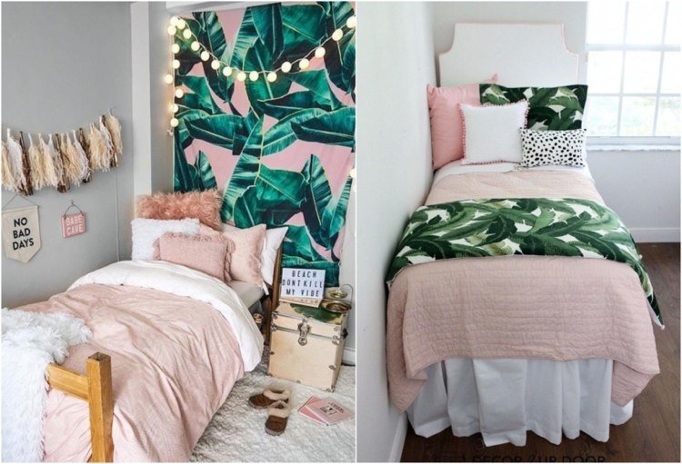 gröna palmblad och rosa sängkläder för flickrum
