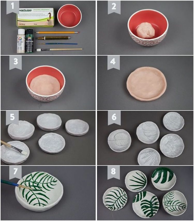 Tinker smycken tallrik gjord av polymer lera med palmblad motiv instruktioner