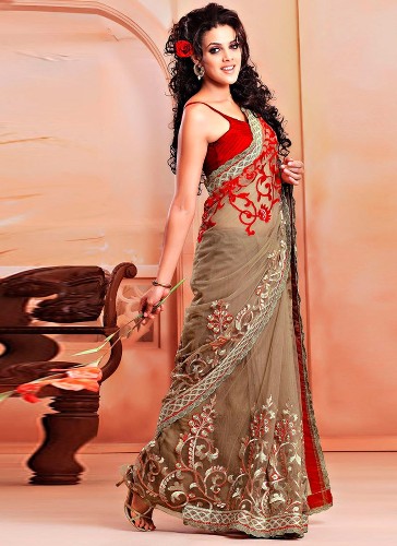 The Beige Colored Net Embroidery Saree