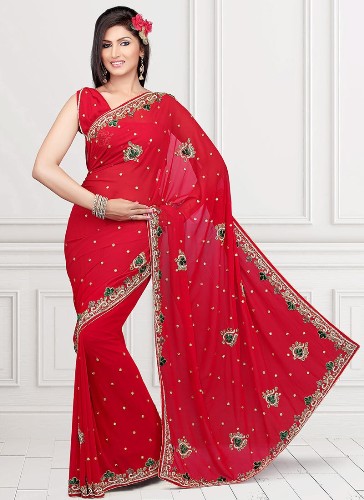The Red Designer Embroidery Saree