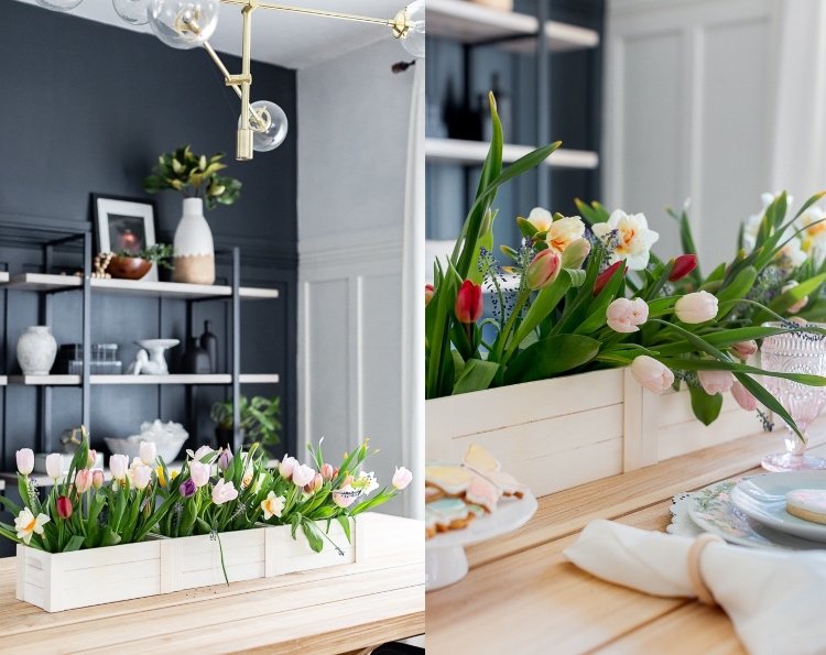 Gör egna tulpanarrangemang i en trälåda, ordna vårblommor på påskbordet