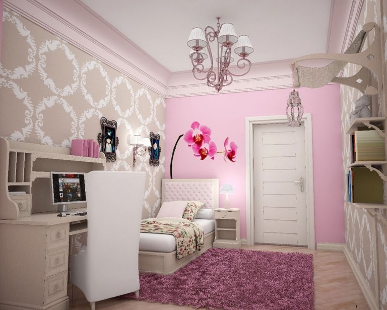 Flickor sovrum måla rosa tapet väggdekoration