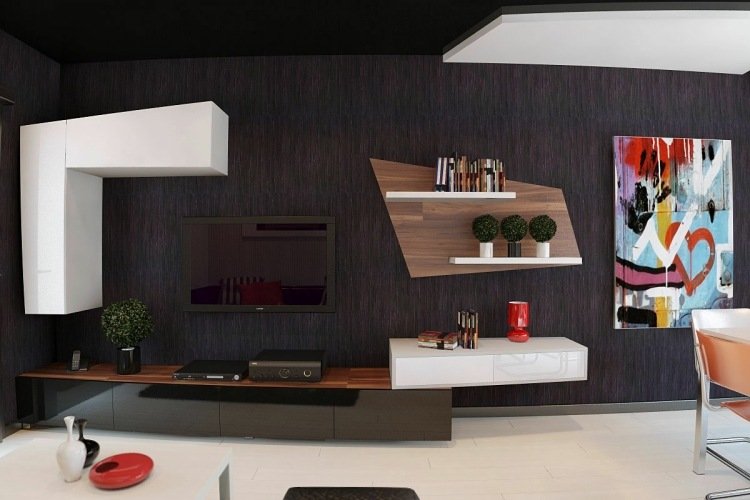 TV-möbler för vardagsrum-vardagsrum-design-modern-högglans-svart-vit-bild-färgglada-vägghyllor-väggdesign