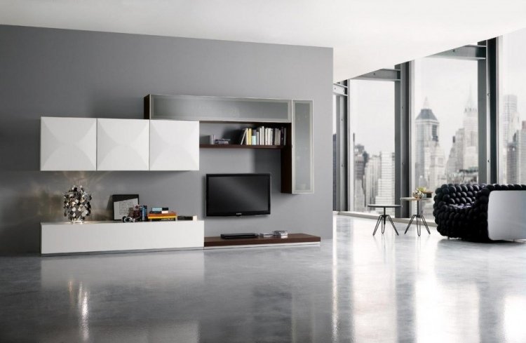 TV-möbler för vardagsrum -design-modern-vit-minimalistisk-loft-vägg-färg-grå-fåtölj