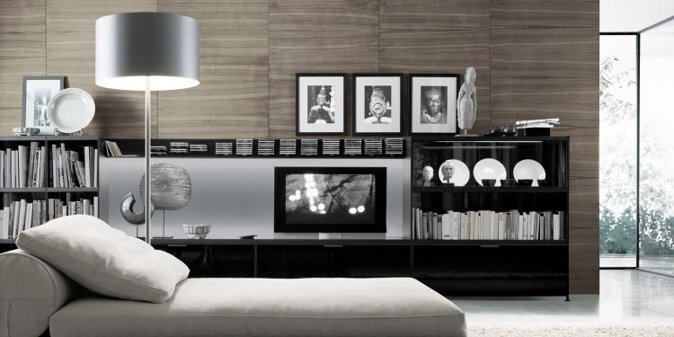TV-möbler för vardagsrum -design-modern-svart-trä-glans-vägg-design-trä-look-daybed-golvlampa