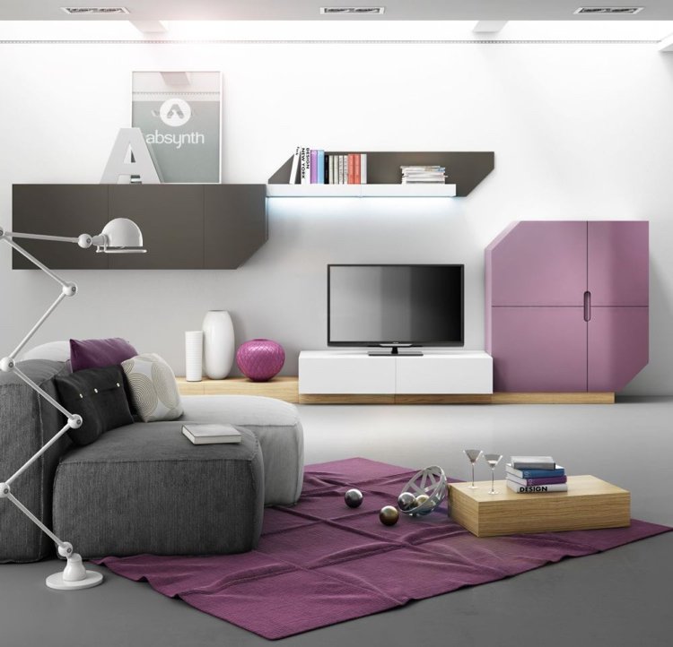 tv-möbler-matt-grå-lila-trä-vit-modulär-kombination