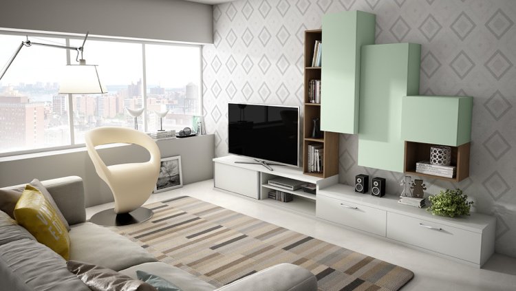 TV-möbler trender 2016 vit-matt-trä-pastellgrön-tapeter-vardagsrum-diamantmönster