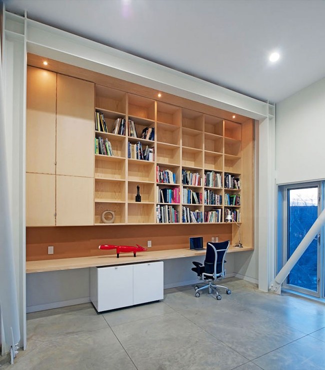 Design högt i tak-vertikal rumdesign-trähylla bibliotek-kontorsstol
