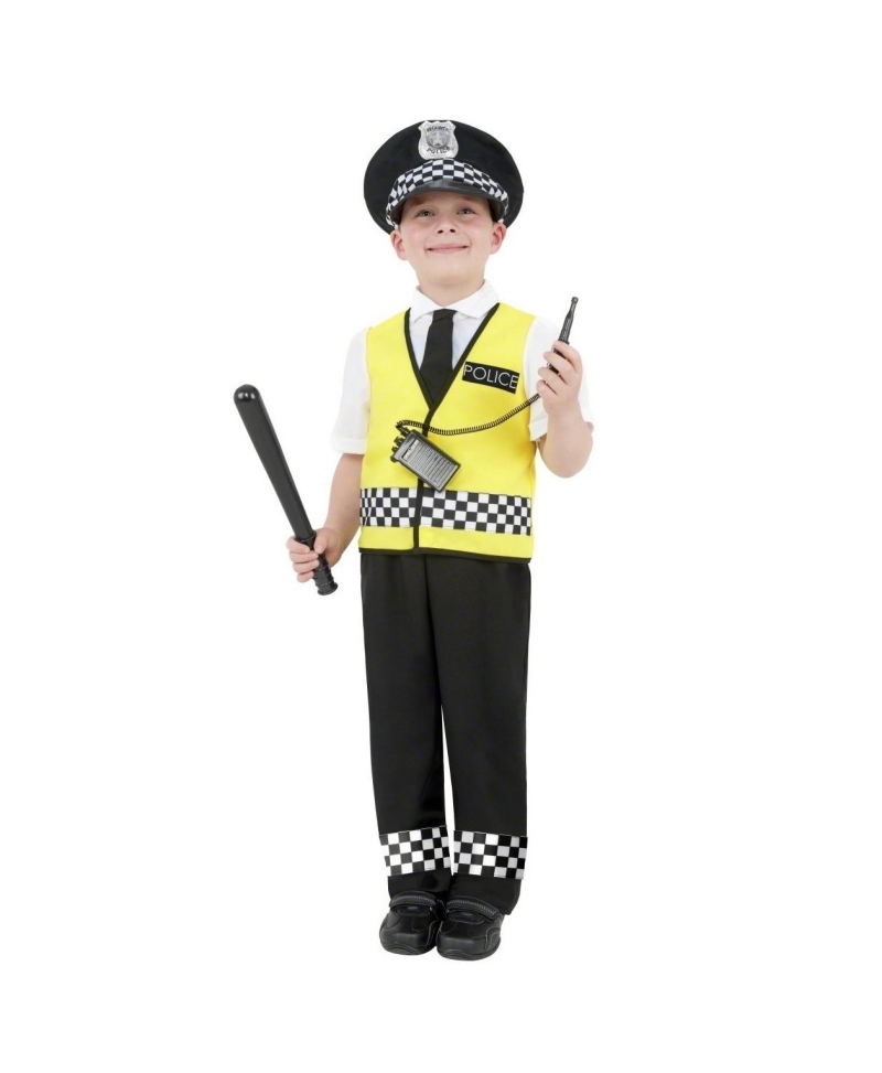 Barndräkt-Mardi Gras-engelsk-polis-byxor-skjorta-väst-keps-Walki-Talki-polisens vapen