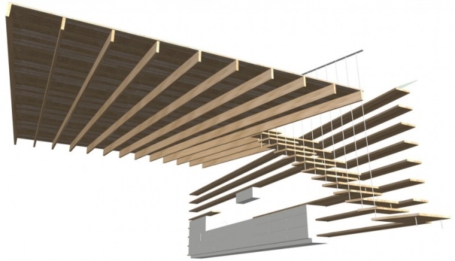 G-Haus projekt interiör konstruktion träbjälkar gammal lada maisonette stil