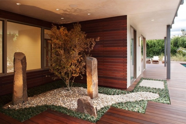 sten trädgård trä veranda hus design med hållbar arkitektur