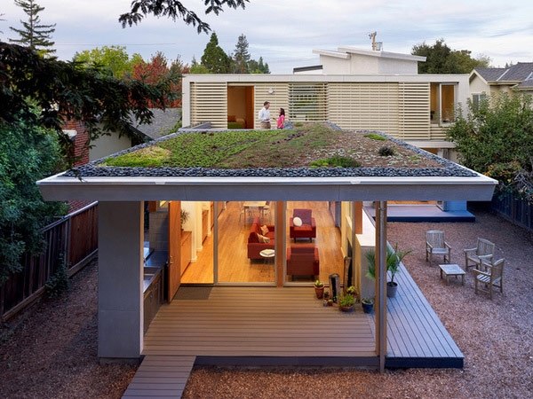 Hus med platt tak-omfattande gröna tak-miljövänliga idéer