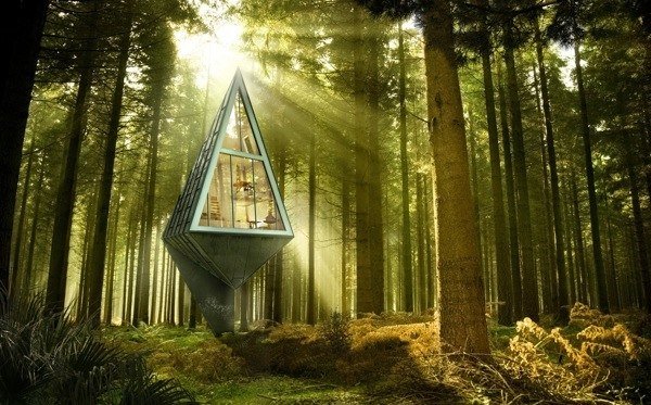 Hus i skogen Konrad Wójcik 3d -projekt fjällstuga modern visualisering