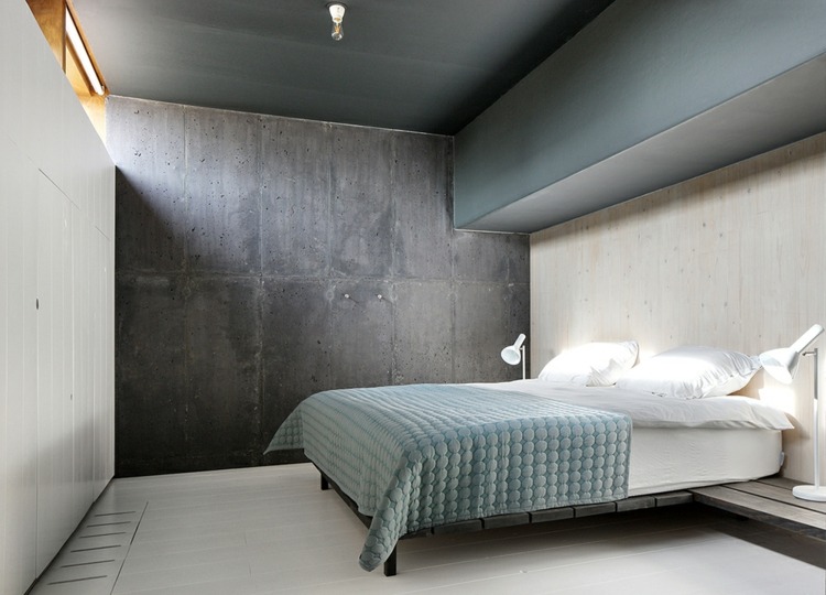 sovrum design fönster betongvägg källare modern