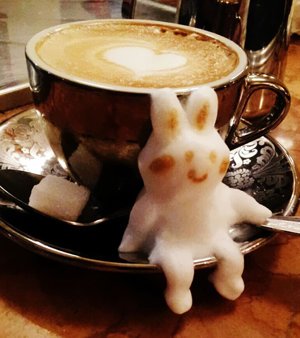 3d latte kaffe konst kazuki yamamoto kanin tallrik sittande