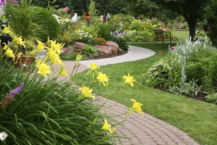 ogräs-gräsmatta-trädgård-landskap-vacker-trädgård-design-blomma-växt-väg-trottoar