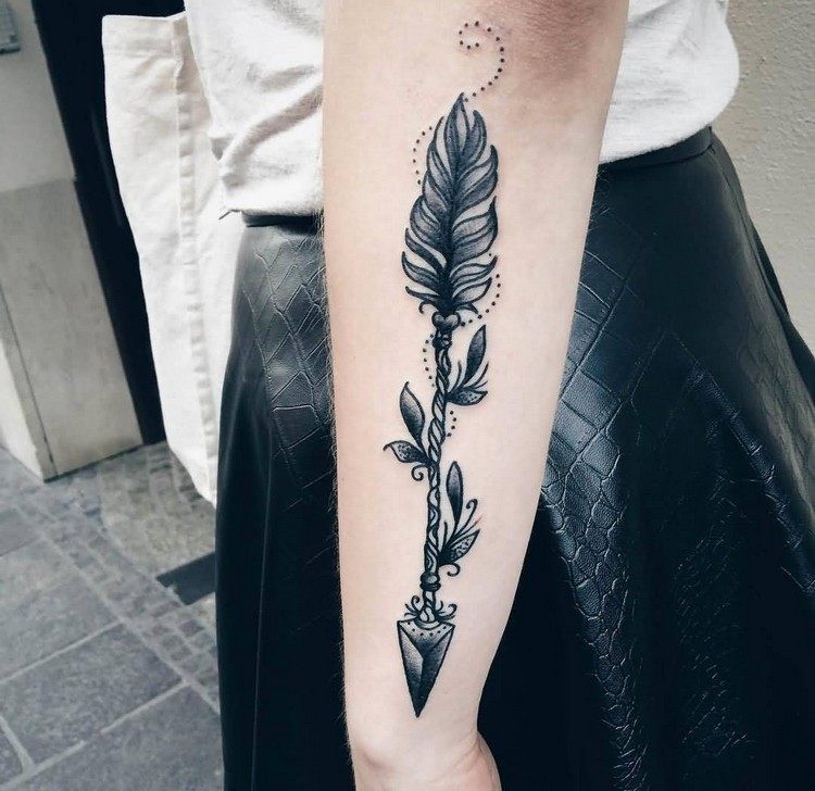 underarm-tatuering-kvinna-pil-prick-blad-löv