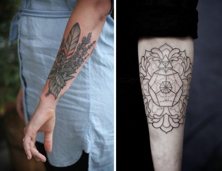 underarm-tatuering-kvinna-band-blommig-fjäder-mandala