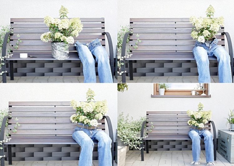 Kreativ idé för dekoration i trädgården - återvinn gamla och trasiga jeans för en originalskulptur