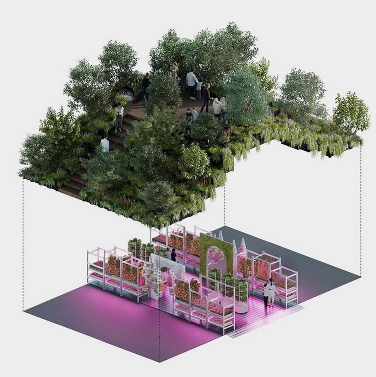 urban jordbruk futuristisk trädgård stad innovativt designprojekt koncept två nivåer hyrdrokultur stadsodling